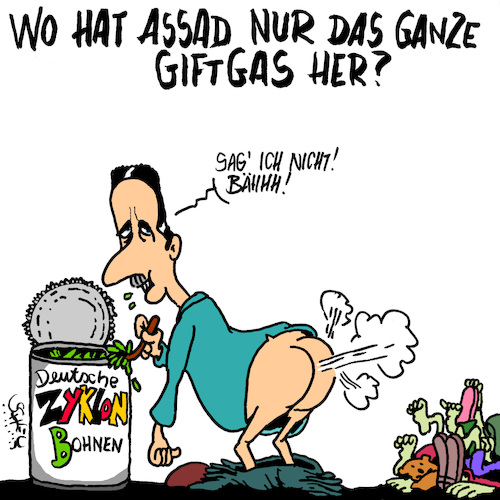 Cartoon: Der Gasmann (medium) by Karsten Schley tagged assad,völkermorf,bürgerkrieg,syrien,kriegsverbrechen,giftgas,massenvernichtungswaffen,russland,deutschland,eu,usa,politik,assad,völkermorf,bürgerkrieg,syrien,kriegsverbrechen,giftgas,massenvernichtungswaffen,russland,deutschland,eu,usa,politik