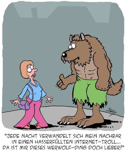 Cartoon: Die Nacht des Werwolfs (medium) by Karsten Schley tagged werwölfe,mythen,legenden,internet,trolle,computer,technik,hasskommentare,werwölfe,mythen,legenden,internet,trolle,computer,technik,hasskommentare