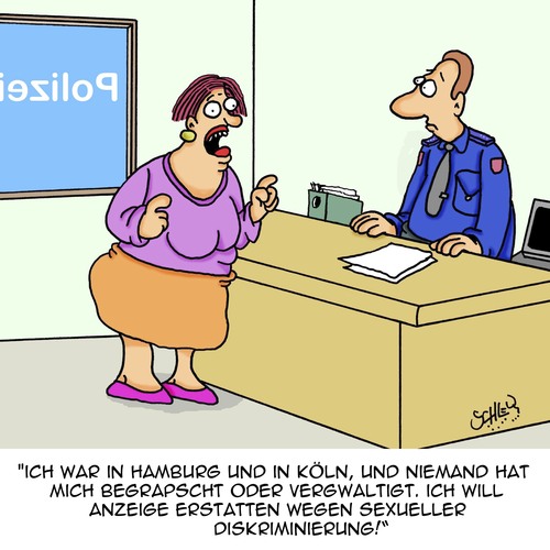 Cartoon: Diskriminierung!!! (medium) by Karsten Schley tagged verbrechen,frauen,vergwaltigung,belästigung,kriminalität,straftaten,männer,polizei,deutschland,verbrechen,sex,frauen,vergwaltigung,belästigung,kriminalität,straftaten,männer,polizei,deutschland