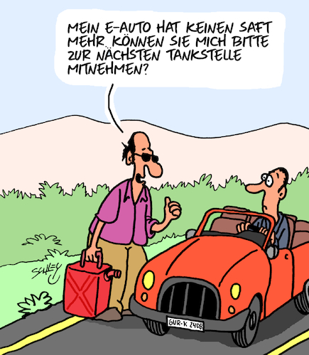 Cartoon: E-Auto (medium) by Karsten Schley tagged eautos,transport,technik,verkehr,ladeinfrastruktur,reichweite,strom,energie,politik,autoindustrie,gesellschaft,eautos,transport,technik,verkehr,ladeinfrastruktur,reichweite,strom,energie,politik,autoindustrie,gesellschaft