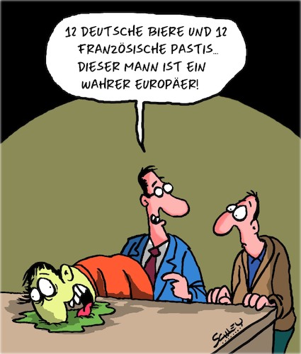 Cartoon: Ein wahrer Europäer (medium) by Karsten Schley tagged europa,alkohol,bars,kneipen,politik,bier,pastis,frankreich,deutschland,europa,alkohol,bars,kneipen,politik,bier,pastis,frankreich,deutschland