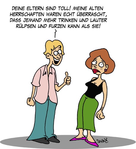 Cartoon: Eltern (medium) by Karsten Schley tagged freund,freundin,eltern,jugend,liebe,beziehungen,benehmen,erziehung,alkohol,essen,freund,freundin,eltern,jugend,liebe,beziehungen,erziehung