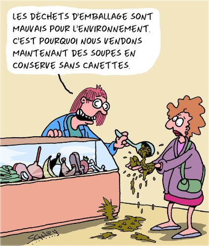 Cartoon: Emballages (medium) by Karsten Schley tagged commerce,environnement,climat,emballages,clients,commerce,environnement,climat,emballages,clients