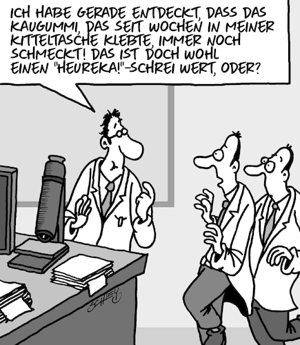 Cartoon: Entdeckung (medium) by Karsten Schley tagged wissenschaft,wissenschaftler,entdeckungen,forschung,labore,budgets,bildung,ausbildung,experten,medien,politik,gesellschaft,wissenschaft,wissenschaftler,entdeckungen,forschung,labore,budgets,bildung,ausbildung,experten,medien,politik,gesellschaft