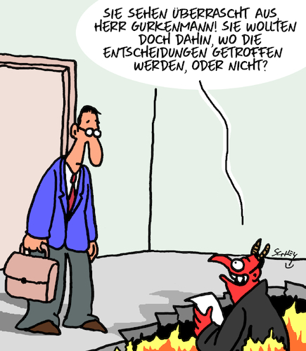 Cartoon: Entscheidungen (medium) by Karsten Schley tagged entscheidungen,entscheider,politik,wirtschaft,business,hölle,mythen,legenden,religion,gesellschaft,entscheidungen,entscheider,politik,wirtschaft,business,hölle,mythen,legenden,religion,gesellschaft