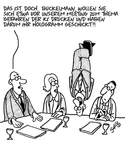 Cartoon: Er drückt sich! (medium) by Karsten Schley tagged ki,technik,meetings,forschung,wissenschaft,computer,digitales,gesellschaft,politik,ki,technik,meetings,forschung,wissenschaft,computer,digitales,gesellschaft,politik