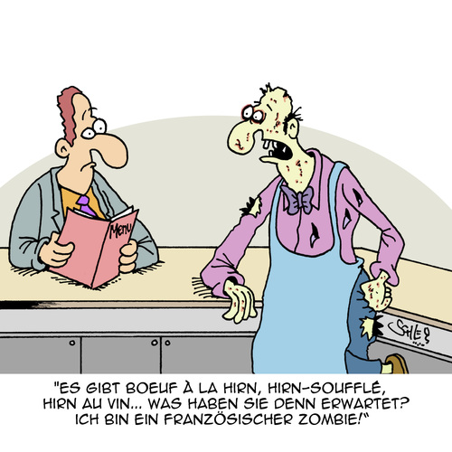 Cartoon: Es ist angerichtet! (medium) by Karsten Schley tagged gastronomie,fastfood,ernährung,essen,französische,küche,haute,cuisine,zombies,imbisse,gastronomie,fastfood,ernährung,essen,französische,küche,haute,cuisine,zombies,imbisse