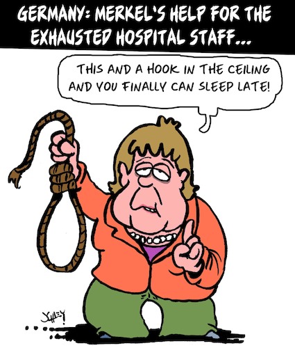 Cartoon: Exhausted Hospital Staff (medium) by Karsten Schley tagged germany,merkel,hospitals,nurses,carers,politics,coronavirus,support,health,medical,society,germany,merkel,hospitals,nurses,carers,politics,coronavirus,support,health,medical,society