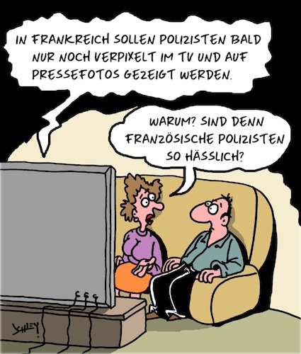 Cartoon: Französische Flics (medium) by Karsten Schley tagged frankreich,polizei,sicherheit,bilder,presse,medien,gesellschaft,gesetze,politik,demokratie,frankreich,polizei,sicherheit,bilder,presse,medien,gesellschaft,gesetze,politik,demokratie