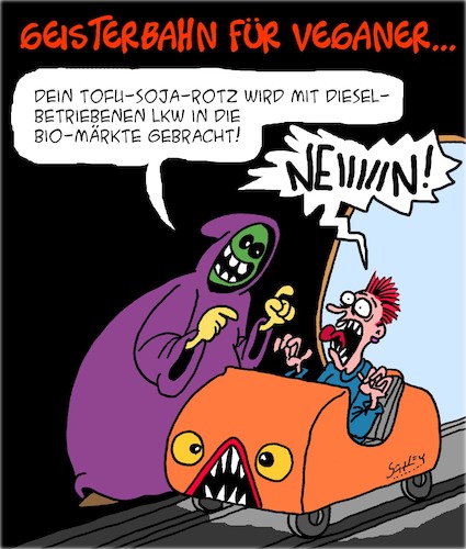 Cartoon: Geisterbahn!! (medium) by Karsten Schley tagged geisterbahnen,rummelplätze,ernährung,medien,veganer,supermärkte,tofu,soja,lkw,transport,wirtschaft,moden,trends,gesellschaft,geisterbahnen,rummelplätze,ernährung,medien,veganer,supermärkte,tofu,soja,lkw,transport,wirtschaft,moden,trends,gesellschaft