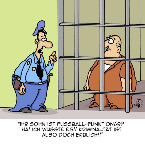 Cartoon: Gewusst!! (medium) by Karsten Schley tagged kriminalität,erbgut,gesetze,verbrechen,polizei,justiz,verbrecher,sport,fussball,fifa,kriminalität,erbgut,gesetze,verbrechen,polizei,justiz,verbrecher,sport,fussball,fifa