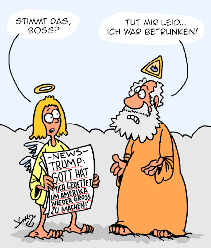 Cartoon: GOTT hat TRUMP gerettet (medium) by Karsten Schley tagged gott,trump,rettung,usa,maga,politik,religion,republikaner,medien,gesellschaft,gott,trump,rettung,usa,maga,politik,religion,republikaner,medien,gesellschaft