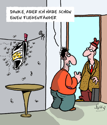 Cartoon: Habe ich schon (medium) by Karsten Schley tagged verkäufer,vertreter,business,kunden,marketing,wirtschaft,jobs,fliegen,ungeziefer,insekten,fliegenfänger,unterhosen,verkäufer,vertreter,business,kunden,marketing,wirtschaft,jobs,fliegen,ungeziefer,insekten,fliegenfänger,unterhosen