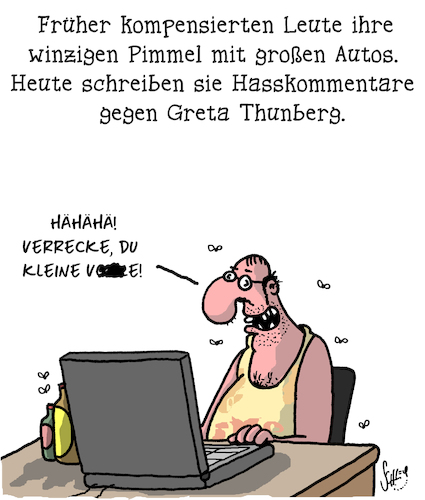 Cartoon: Hass! (medium) by Karsten Schley tagged internet,facebook,hasskommentare,greta,thunberg,umwelt,klimawandel,internet,facebook,hasskommentare,greta,thunberg,umwelt,klimawandel