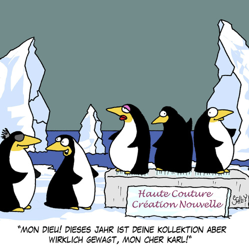 Cartoon: Haute Couture (medium) by Karsten Schley tagged kleidung,mode,fashion,haute,couture,tiere,pinguine,klima,natur,mode,kleidung,fashion,haute,couture,tiere,pinguine,klima,natur