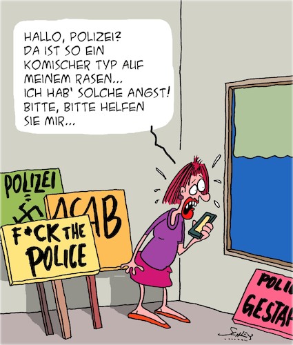Cartoon: HILFE!! POLIZEI!! (medium) by Karsten Schley tagged polizei,demonstrationen,deutschland,europa,usa,gewalt,hass,politik,gesellschaft,polizei,demonstrationen,deutschland,europa,usa,gewalt,hass,politik,gesellschaft