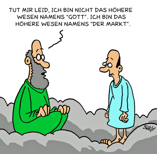 Cartoon: Höheres Wesen (medium) by Karsten Schley tagged religion,business,märkte,wirtschaft,geld,profit,gott,religion,business,märkte,wirtschaft,profit,gott