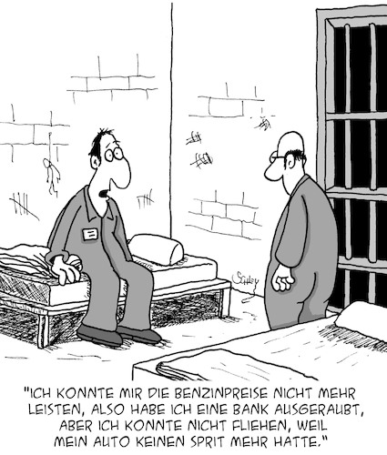 Cartoon: Hoher Preis (medium) by Karsten Schley tagged benzinpreise,geld,tanken,kriminalität,banken,bankraub,justiz,gesetze,gefängnis,benzinpreise,geld,tanken,kriminalität,banken,bankraub,justiz,gesetze,gefängnis