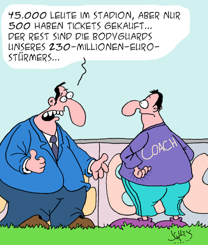 Cartoon: Im Stadion (medium) by Karsten Schley tagged sport,fußball,fußballspieler,manager,geld,business,wirtschaft,marketing,menschenhandel,verträge,einkäufe,sicherheit,ablösesummen,gehälter,gesellschaft,europa,sport,fußball,fußballspieler,manager,geld,business,wirtschaft,marketing,menschenhandel,verträge,einkäufe,sicherheit,ablösesummen,gehälter,gesellschaft,europa