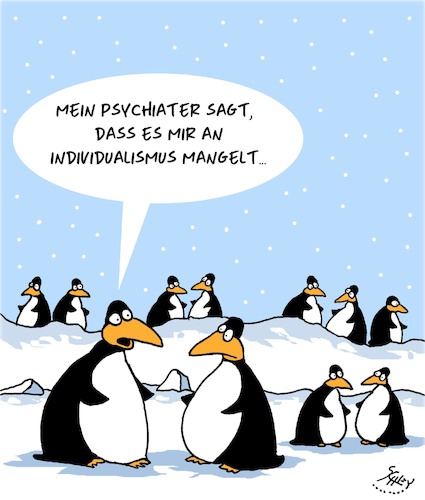 Cartoon: Individualismus (medium) by Karsten Schley tagged individualismus,psychiater,gesellschaft,politik,soziales,leben,tiere,pinguine,individualismus,psychiater,gesellschaft,politik,soziales,leben,tiere,pinguine