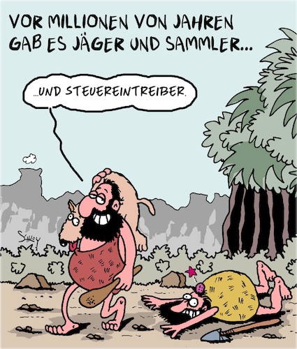 Cartoon: Jäger und Sammler (medium) by Karsten Schley tagged jäger,sammler,menschheit,prehistorisches,geschichte,politik,einkommen,steuern,raub,wirtschaft,gesellschaft,jäger,sammler,menschheit,prehistorisches,geschichte,politik,einkommen,steuern,raub,wirtschaft,gesellschaft