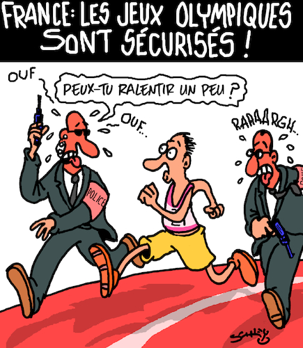 Cartoon: Jeux Olympiques (medium) by Karsten Schley tagged jeux,olympiques,securite,terreur,medias,peur,police,societe,sport,jeux,olympiques,securite,terreur,medias,peur,police,societe,sport