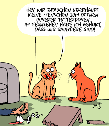 Cartoon: Katzenfutter (medium) by Karsten Schley tagged katzen,menschen,haustiere,futter,ernährung,raubtiere,informationen,medien,tv,natur,gesellschaft,katzen,menschen,haustiere,futter,ernährung,raubtiere,informationen,medien,tv,natur,gesellschaft