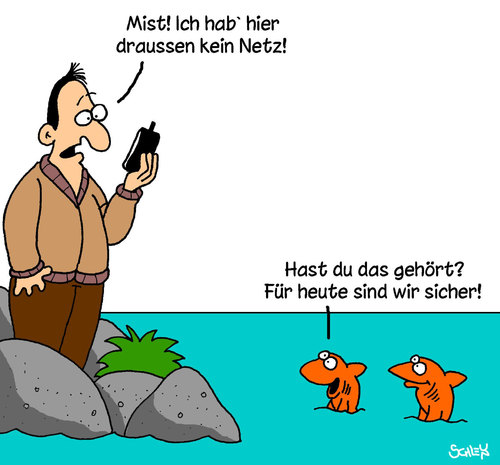 Cartoon: Kein Netz (medium) by Karsten Schley tagged kommunikation,handys,mobiltelefone,technik,tiere,fische,natur,kommunikation,handys,mobiltelefone,technik,tiere,fische,natur