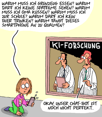 Cartoon: KI-Forschung (medium) by Karsten Schley tagged ki,kinder,kinderfragen,forschung,technik,fortschritt,chatbots,internet,computer,smartphones,wissenschaft,gesellschaft,politik,ki,kinder,kinderfragen,forschung,technik,fortschritt,chatbots,internet,computer,smartphones,wissenschaft,gesellschaft,politik