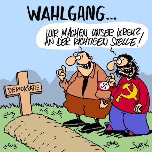 Cartoon: Kreuzgang (medium) by Karsten Schley tagged wahlen,extremismus,populismus,radikalismus,demokratie,gesellschaft,europa,deutschland,politik,wahlen,extremismus,populismus,radikalismus,demokratie,gesellschaft,europa,deutschland,politik
