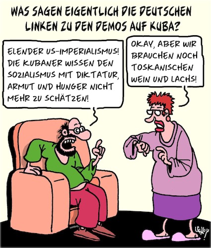 Cartoon: Kuba und die deutschen Linken (medium) by Karsten Schley tagged kuba,sozialismus,proteste,armut,hunger,dikatur,politik,linke,deutschland,kuba,sozialismus,proteste,armut,hunger,dikatur,politik,linke,deutschland