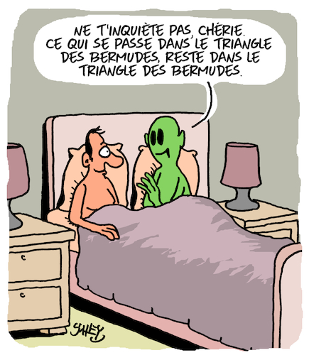 Cartoon: Le Triangle des Bermudes (medium) by Karsten Schley tagged amour,relations,extraterrestres,sexe,surnaturelle,medias,amour,relations,extraterrestres,sexe,surnaturelle,medias