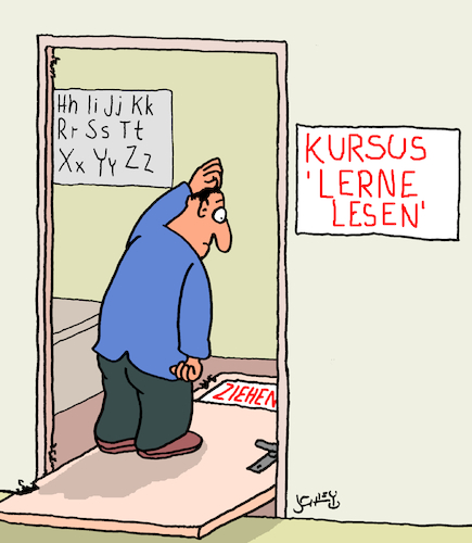 Cartoon: Lerne lesen! (medium) by Karsten Schley tagged lesen,bildung,erwachsenenbildung,weiterbildung,schule,uni,volkshochschule,kurse,leseschwäche,legasthenie,gesellschaft,lesen,bildung,erwachsenenbildung,weiterbildung,schule,uni,volkshochschule,kurse,leseschwäche,legasthenie,gesellschaft