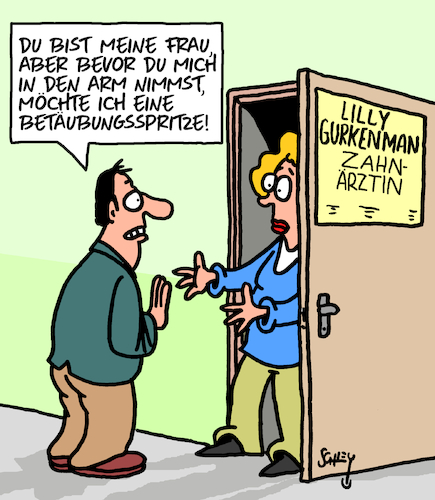 Cartoon: Liebe und Schmerz (medium) by Karsten Schley tagged männer,frauen,feigheit,liebe,beziehungen,zahnärztinnen,ehe,gesundheit,zahnärzte,medizin,betäubung,betäubungsspritze,ärzte,patienten,männer,frauen,feigheit,liebe,beziehungen,zahnärztinnen,ehe,gesundheit,zahnärzte,medizin,betäubung,betäubungsspritze,ärzte,patienten