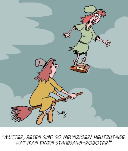 Cartoon: Moderne Technik (medium) by Karsten Schley tagged technik,saugroboter,hexen,mythen,märchen,fortschritt,gesellschaft,technik,saugroboter,hexen,mythen,märchen,fortschritt,gesellschaft