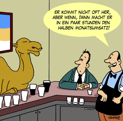 Cartoon: Monatsumsatz (medium) by Karsten Schley tagged tiere,trinken,jobs,business,wirtschaft,umsatz,kneipen,pubs,gastronomie,gastronomie,pubs,kneipen,umsatz,wirtschaft,business,jobs,trinken,tiere