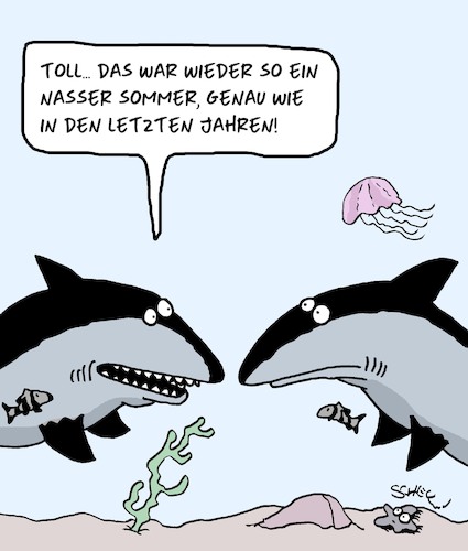 Cartoon: Nasser Sommer (medium) by Karsten Schley tagged sommer,wetter,klima,niederschlag,haie,fische,wasser,ozeane,meere,natur,sommer,wetter,klima,niederschlag,haie,fische,wasser,ozeane,meere,natur