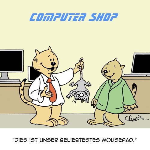 Cartoon: Neulich im PC Shop (medium) by Karsten Schley tagged technik,computer,mäuse,katzen,tiere,jobs,wirtschaft,business,verkäufer,verkaufen,computer,technik,verkaufen,verkäufer,business,wirtschaft,jobs,tiere,katzen,mäuse