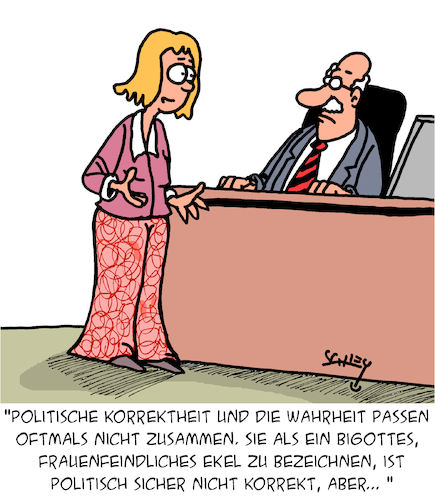 Cartoon: Nicht korrekt (medium) by Karsten Schley tagged pc,korrektheit,medien,wahrheit,kommunikation,modebegriffe,frauen,männer,frauenfeindlichkeit,bigotterie,politik,gesellschaft,pc,korrektheit,medien,wahrheit,kommunikation,modebegriffe,frauen,männer,frauenfeindlichkeit,bigotterie,politik,gesellschaft