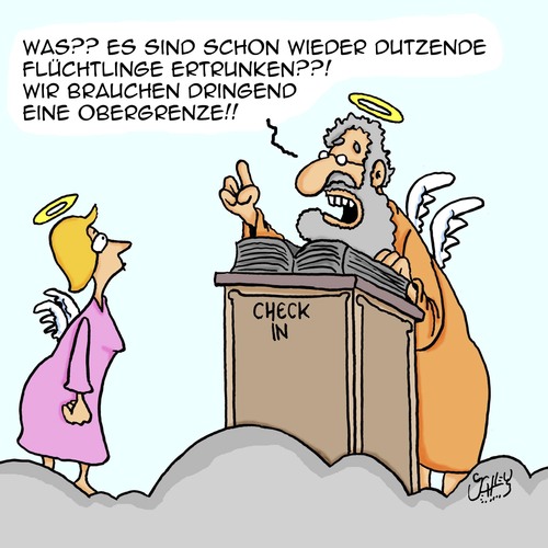 Cartoon: Obergrenze (medium) by Karsten Schley tagged religion,politik,krieg,flüchtlinge,europe,taod,flüchtlingskrise,religion,politik,krieg,flüchtlinge,europe,taod,flüchtlingskrise