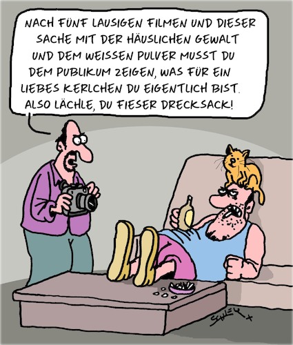 Cartoon: Öffentlichkeitsarbeit (medium) by Karsten Schley tagged pr,filme,schauspieler,promis,gewalt,drogen,image,medien,manager,gesellschaft,pr,filme,schauspieler,promis,gewalt,drogen,image,medien,manager,gesellschaft