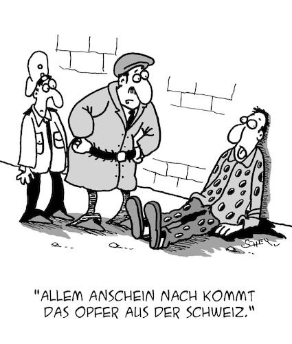 Cartoon: Opfer (medium) by Karsten Schley tagged opfer,täter,schweiz,schusswaffen,kriminalität,polizei,justiz,käse,gesellschaft,opfer,täter,schweiz,schusswaffen,kriminalität,polizei,justiz,käse,gesellschaft