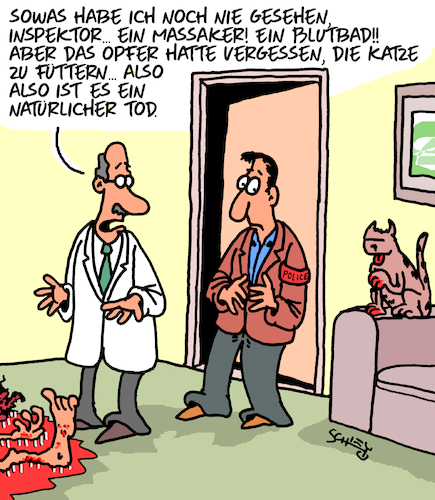 Cartoon: Opfer (medium) by Karsten Schley tagged menschen,tiere,katzen,katzenhalter,polizei,ärzte,gerichtsmediziner,forensik,gesellschaft,menschen,tiere,katzen,katzenhalter,polizei,ärzte,gerichtsmediziner,forensik,gesellschaft