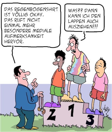 Cartoon: Regenbogen-Shirt (medium) by Karsten Schley tagged sport,politik,mode,regenbogen,protest,trends,medien,pr,gesellschaft,sport,politik,mode,regenbogen,protest,trends,medien,pr,gesellschaft