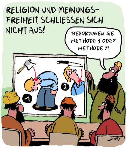 Cartoon: Religion und Meinungsfreiheit (medium) by Karsten Schley tagged religion,meinungsfreiheit,terrorismus,islam,islamisten,politik,gesellschaft,religion,meinungsfreiheit,terrorismus,islam,islamisten,politik,gesellschaft