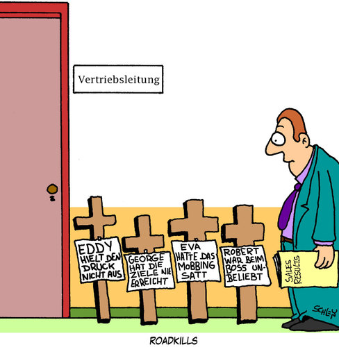 Cartoon: Roadkills (medium) by Karsten Schley tagged arbeit,wirtschaft,arbeitsplätze,gesellschaft,mobbing,gesundheit,verkaufen,verkäufer,wirtschaft,arbeitsplätze,gesellschaft,gesundheit,verkäufer,verkaufen,mobbing,handel,verkauf,vertrieb,firma,job,arbeit,selbstmord,arbeitsverhältnisse,stress