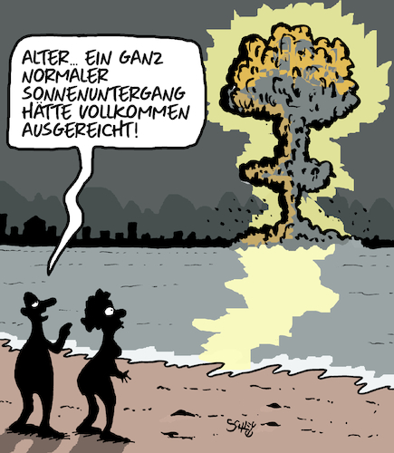 Cartoon: Romantik am Strand (medium) by Karsten Schley tagged urlaub,strand,meer,sonnenuntergänge,liebe,romantik,atomexplosionen,krieg,atomkrieg,gesellschaft,politik,urlaub,strand,meer,sonnenuntergänge,liebe,romantik,atomexplosionen,krieg,atomkrieg,gesellschaft,politik