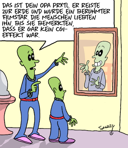 Cartoon: Ruhm (medium) by Karsten Schley tagged aliens,ruhm,filme,tv,medien,spezialeffekte,unterhaltung,gesellschaft,aliens,ruhm,filme,tv,medien,spezialeffekte,unterhaltung,gesellschaft