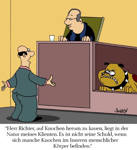 Cartoon: Schuld (medium) by Karsten Schley tagged biologie,gesellschaft,gesundheit,rechtsanwälte,anwälte,richter,recht,gesetze,hunde,tiere,natur,natur,tiere,hunde,gesetze,recht,richter,anwälte,rechtsanwälte,gesundheit,gesellschaft,biologie