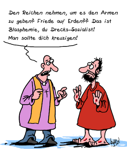 Cartoon: Sozialist (medium) by Karsten Schley tagged blasphemie,kirche,religion,priester,armut,jesus,reichtum,umverteilung,soziales,gesellschaft,blasphemie,kirche,religion,priester,armut,jesus,reichtum,umverteilung,soziales,gesellschaft